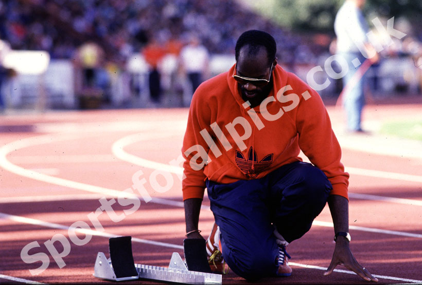 The great 400 metres hurdler Ed Moses setting up his blocks at Gateshead